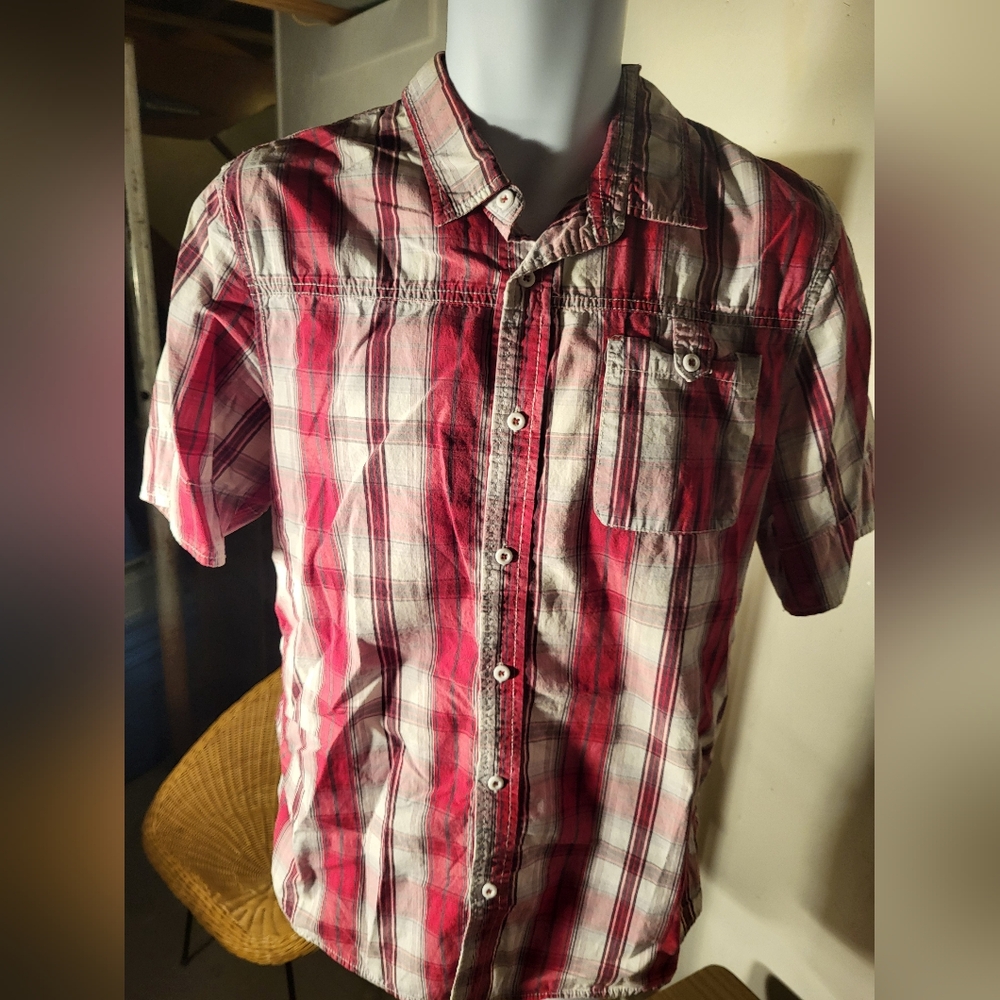 Buffalo David Bitton Mens Button Down  Red Plaid Short Sleeve Striped SZ M